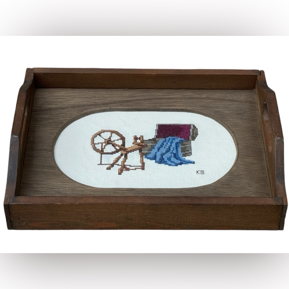 Wood Serving Tray Vintage With Needle Point Cross Stitch 14 in x 10.5 in